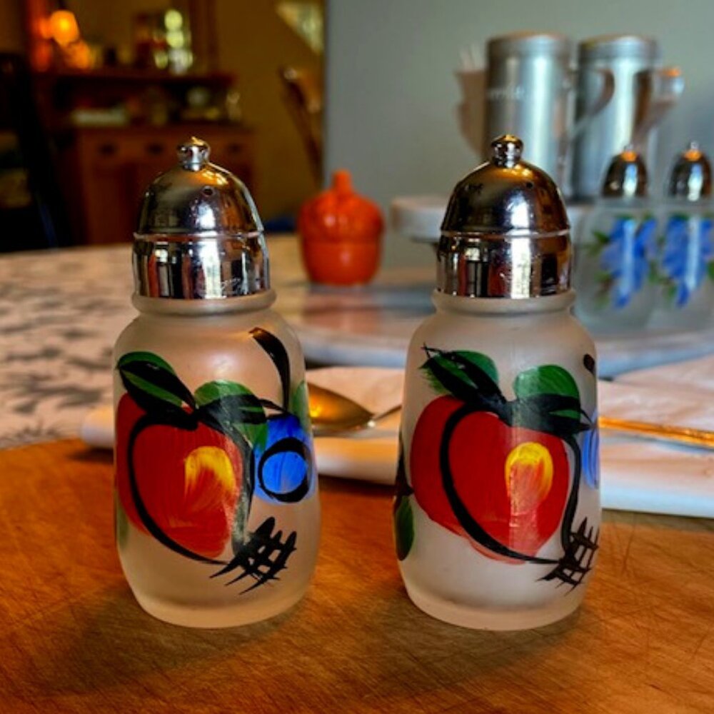 Colorful Vintage Frosted Glass Salt and Pepper Shakers with Fruit